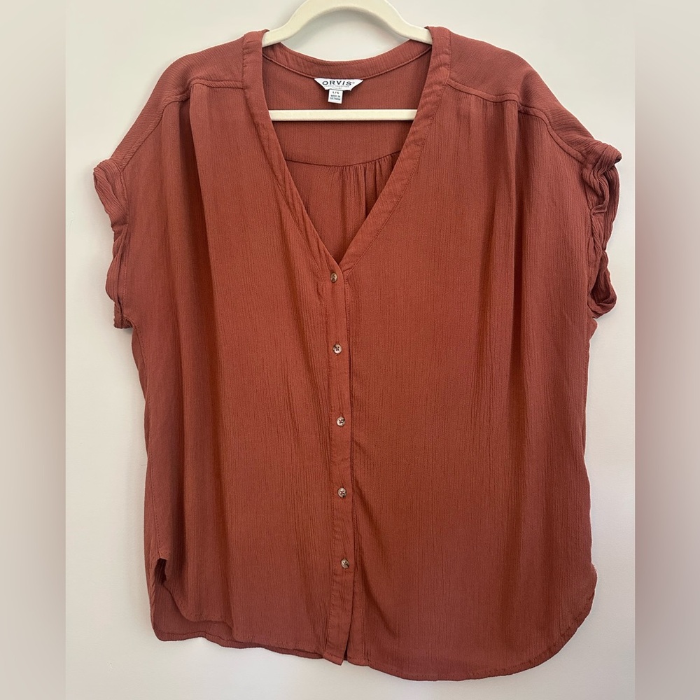 Orvis Womens Rust Short Sleeve Button-Down V-Neck Peasant Blouse Size L